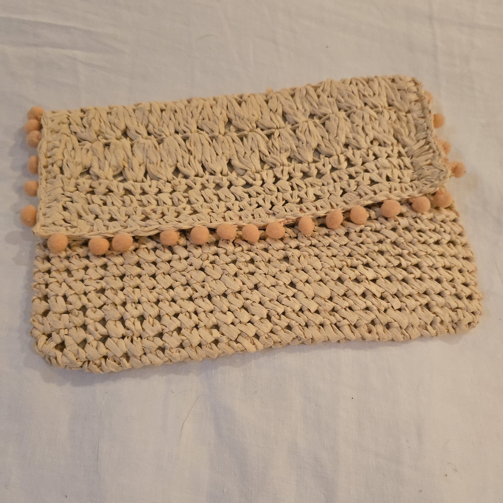 Boho Woven Rattan Clutch with Mini Pom Pom Accents
